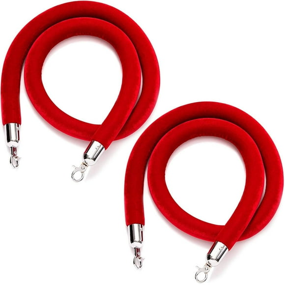 NovelBee 10 Feet Velvet Rope with Stainless Steel Hooks,Crowd Control Stanchion Post Queue Line Barrier Silver Hook, Red